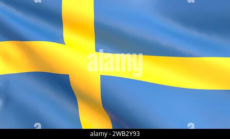 3D render - background in the form of the Swedish national flag fluttering in the wind. Stock Photo