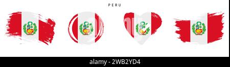 Peru hand drawn grunge style flag icon set. Peruvian banner in official colors. Free brush stroke shape, circle and heart-shaped. Flat vector illustra Stock Vector