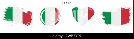 Italy hand drawn grunge style flag icon set. Italian banner in official colors. Free brush stroke shape, circle and heart-shaped. Flat vector illustra Stock Vector