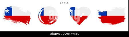Chile hand drawn grunge style flag icon set. Chilean banner in official colors. Free brush stroke shape, circle and heart-shaped. Flat vector illustra Stock Vector