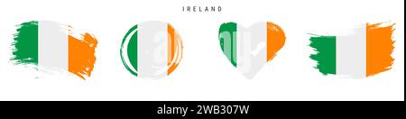 Ireland hand drawn grunge style flag icon set. Irish banner in official colors. Free brush stroke shape, circle and heart-shaped. Flat vector illustra Stock Vector