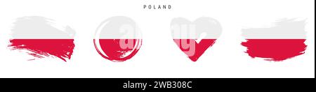Poland hand drawn grunge style flag icon set. Polish banner in official colors. Free brush stroke shape, circle and heart-shaped. Flat vector illustra Stock Vector