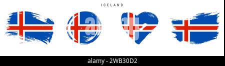 Iceland hand drawn grunge style flag icon set. Icelandic banner in official colors. Free brush stroke shape, circle and heart-shaped. Flat vector illu Stock Vector