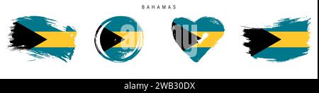 Bahamas hand drawn grunge style flag icon set. Bahamian banner in official colors. Free brush stroke shape, circle and heart-shaped. Flat vector illus Stock Vector