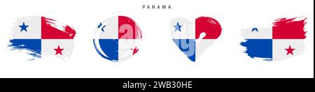 Panama hand drawn grunge style flag icon set. Panamanian banner in official colors. Free brush stroke shape, circle and heart-shaped. Flat vector illu Stock Vector