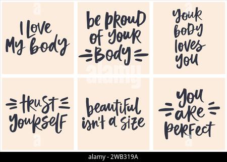 Set of handwritten quotes about body positive. Modern calligraphy illustrations for posters, cards, etc. Stock Vector