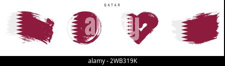 Qatar hand drawn grunge style flag icon set. Qatari banner in official colors. Free brush stroke shape, circle and heart-shaped. Flat vector illustrat Stock Vector