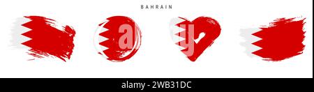 Bahrain hand drawn grunge style flag icon set. Bahraini banner in official colors. Free brush stroke shape, circle and heart-shaped. Flat vector illus Stock Vector
