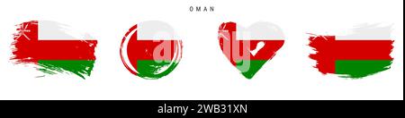 Oman hand drawn grunge style flag icon set. Omani banner in official colors. Free brush stroke shape, circle and heart-shaped. Flat vector illustratio Stock Vector