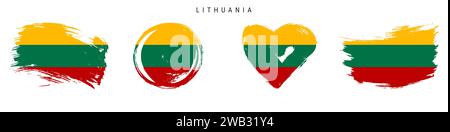 Lithuania hand drawn grunge style flag icon set. Lithuanian banner in official colors. Free brush stroke shape, circle and heart-shaped. Flat vector i Stock Vector