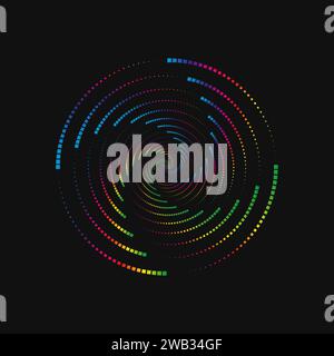 Halftone point vortex on dark. Abstract futuristic digital technology logo element. Vector geometric shape Stock Vector