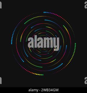 Halftone point vortex on dark. Abstract futuristic digital technology logo element. Vector geometric shape Stock Vector