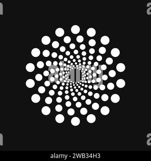 Halftone point vortex on dark. Abstract futuristic digital technology logo element. Vector geometric shape Stock Vector