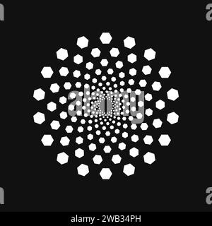 Halftone point vortex on dark. Abstract futuristic digital technology logo element. Vector geometric shape Stock Vector