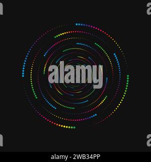 Halftone point vortex on dark. Abstract futuristic digital technology logo element. Vector geometric shape Stock Vector