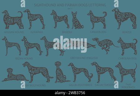 Dog breeds silhouettes with lettering, simple style clipart. Hunting dogs, sighthounds and pariah dogs collection.  Vector illustration Stock Vector
