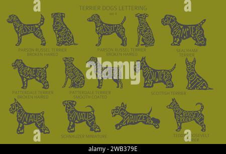Dog breeds silhouettes with lettering, simple style clipart. Hunting dogs, Terrier dogs collection.  Vector illustration Stock Vector