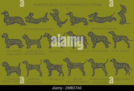Dog breeds silhouettes with lettering, simple style clipart. Hunting dogs, scenthounds, hounds collection.  Vector illustration Stock Vector