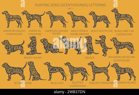 Dog breeds silhouettes with lettering, simple style clipart. Hunting dogs, scenthounds, hounds collection.  Vector illustration Stock Vector