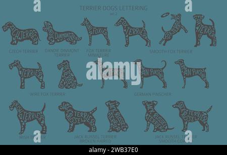 Dog breeds silhouettes with lettering, simple style clipart. Hunting dogs, Terrier dogs collection.  Vector illustration Stock Vector