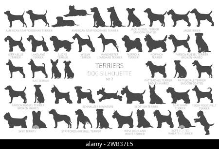 Dog breeds silhouettes, simple style clipart. Hunting dogs, Terrier collection.  Vector illustration Stock Vector