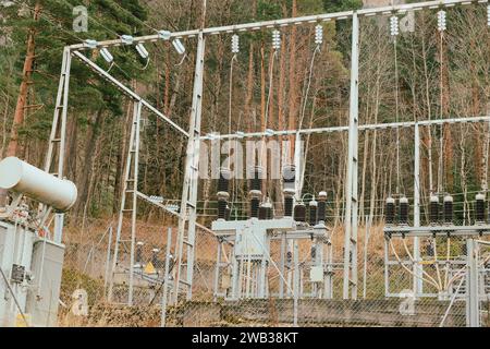 A power station with high voltage wiring Stock Photo