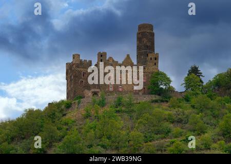 View over Maus castle, Wellmich, Rhineland Palatinate, Germany Stock Photo