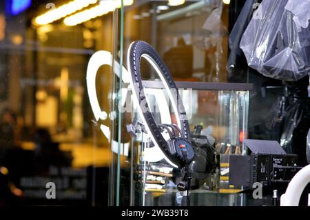 Cairo, Egypt, January 5 2024: A ring light, a continuous circular strip of light around a camera lens either directly on the rim or a standalone item Stock Photo