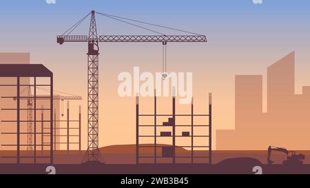 Buildings under construction in process. Construction cranes over buildings. City development. Urban skyline. Vector illustration. Eps 10. Stock Vector