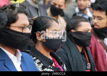 Dhaka, Bangladesh. 08th Jan, 2024. Members of the Bangladesh Gono Odhikar Parishad party wearing black face bands take part in a protest to condemn the general election, in Dhaka on January 8, 2024. Bangladesh's Prime Minister Sheikh Hasina has won a fifth term in power with her party taking three-quarters of seats in parliament. Photo by Suvra Kanti Das/ABACAPRESS.COM Credit: Abaca Press/Alamy Live News Stock Photo