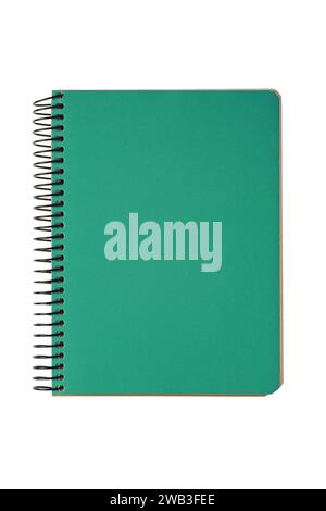 Closed spiral bound notepad with green cover isolated on white background. Top view, copy space for text, template, mockup. Stock Photo