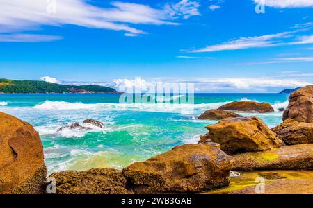 Huge Rocks And Waves At Amazing Praia De Lopes Mendes Beach On The Big Tropical Island Ilha Grande In Angra Dos Reis Rio De Janeiro Brazil. Stock Photo