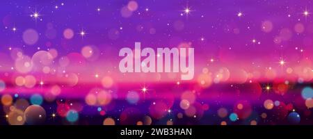 Purple background with bokeh and glitter. Golden glitter and stars sparkles on pinky night sky. Bright glow dreaming wallpaper. Vector illustration Stock Vector