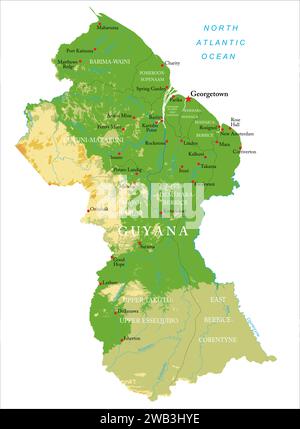 Highly detailed physical map of the Guyana,in vector format,with all the relief forms,regions and big cities. Stock Vector