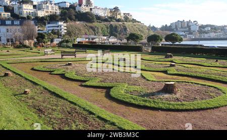 The stumps of the iconic palm trees in Abbey Park Gardens (Italian Gardens) on the seafront at Torquay, South Devon. Stock Photo