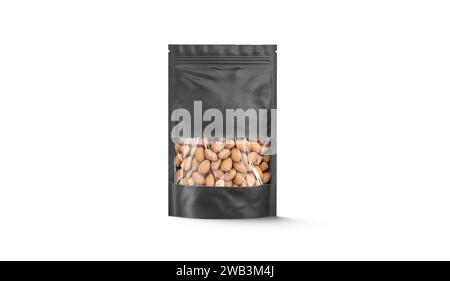 Blank black zipper pouch with nuts stand mockup, front view, 3d rendering. Empty disposable canned packet with hazel mock up, isolated. Clear vacuum s Stock Photo