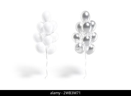 Blank white and silver round balloon bouquet mockup, front view, 3d rendering. Empty stacked foil balone composition mock up, isolated. Clear tapered Stock Photo