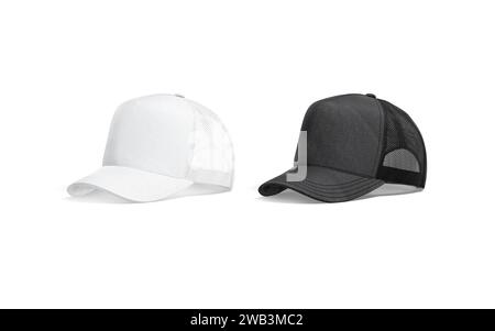 Blank black and white trucker hat mockup, half-turned view, 3d rendering. Empty canvas headwear with mesh for driver or baseball mock up, isolated. Cl Stock Photo