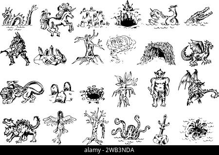 Fantasy map elements of mythical monster symbols, line drawings, vectors Stock Vector