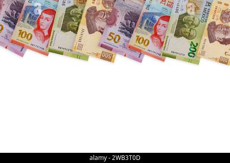 Different Mexican money denominations such as 500, 200, 100, 50, 20 peso national cash bills Stock Photo