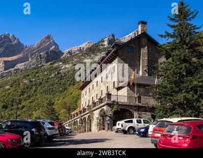 Bielsa, Spain - October 11, 2023: The Parador de Bielsa hostel and lodge lies on the foot of Monte Perdido and is in the natural surroundings of the P Stock Photo