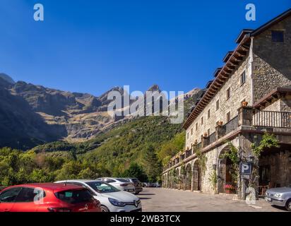 Bielsa, Spain - October 11, 2023: The Parador de Bielsa hostel and lodge lies on the foot of Monte Perdido and is in the natural surroundings of the P Stock Photo