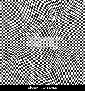 Seamless checkered pattern. Distorted optical illusion banner. Op art checkered curved pattern. Stock Vector