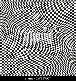 Seamless checkered pattern. Distorted optical illusion banner. Op art checkered curved pattern. Stock Vector