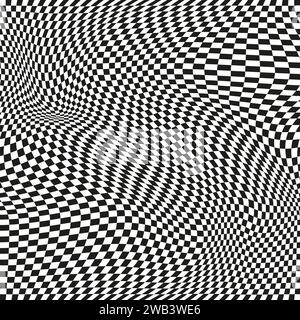 Seamless checkered pattern. Distorted optical illusion banner. Op art checkered curved pattern. Stock Vector