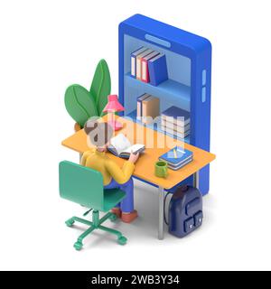 Student studying at home. Can use for web banner, infographics, hero images.3D illustration of Asian man Felix.3D rendering on white background. Stock Photo