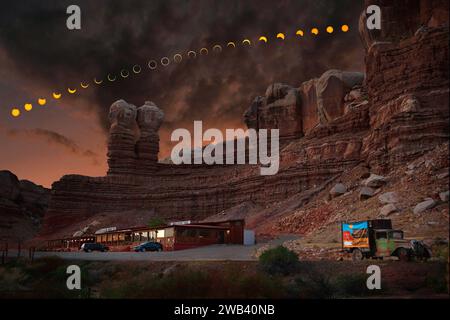 Full sequence Annular Solar Eclipse over Twin Rocks,  Bluff, Utah, USA Stock Photo