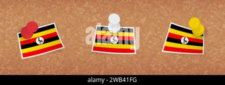 Uganda flag pinned in cork board, three versions of Uganda flag. Vector pushpins and flag set. Stock Vector