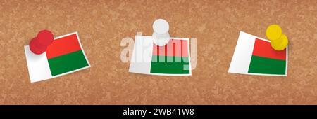Madagascar flag pinned in cork board, three versions of Madagascar flag. Vector pushpins and flag set. Stock Vector