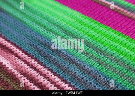 Closeup of Purple and Green Diagonal Striped Alpaca Knitted Wool Fabric Stock Photo
